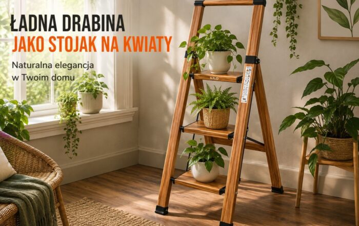 Drabina ILILO FIT WW Pro użyta jako stojak na rośliny w jasnym wnętrzu