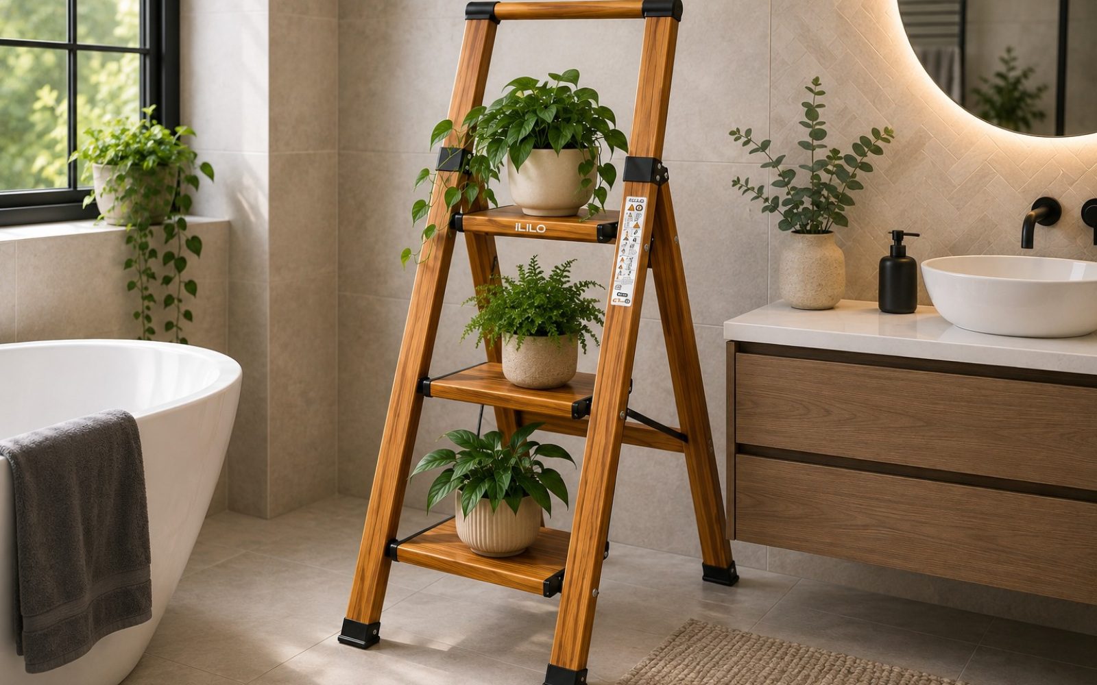 Drabina ILILO FIT WW Pro użyta jako stojak na rośliny w eleganckiej łazience
