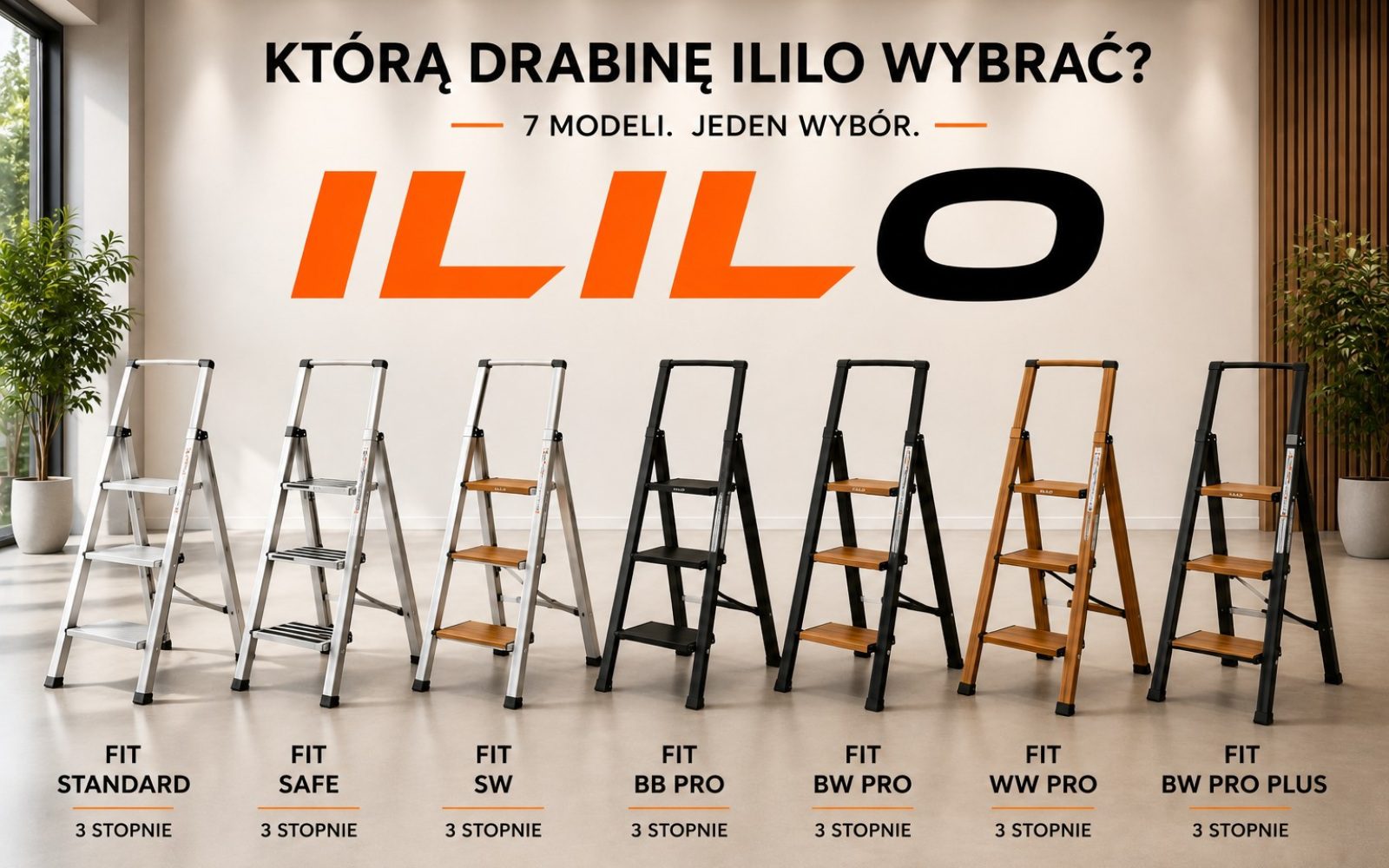 Siedem modeli drabin ILILO ustawionych w jednym showroomie